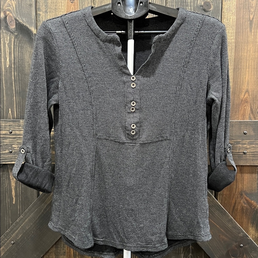 Jane & Delancey Thermal Top M Black Waffle Knit Textured Dark Academia Boho Prep